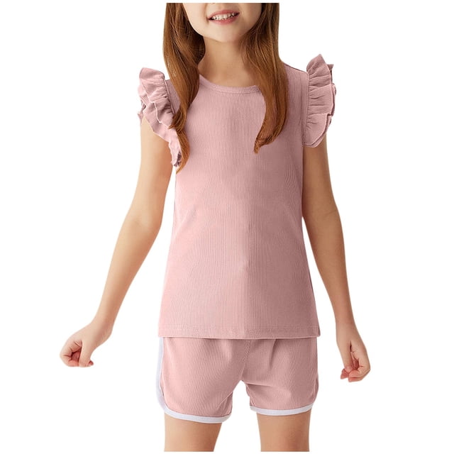 Mgmyaa Girls Summer Sets Crew Neck Solid Color Ribbed Flutter Sleeve Short Sleeve Blouses and Elastic Waist Shorts Two-Piece Set 1-6 Years