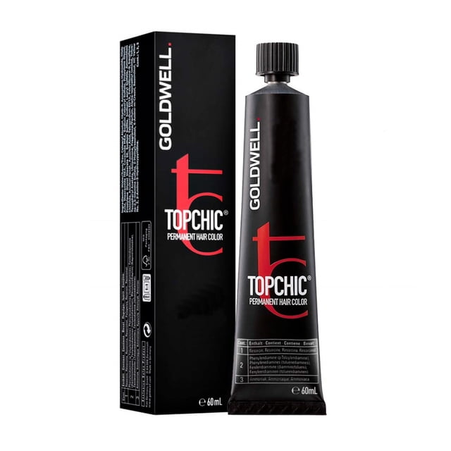 Goldwell Topchic Tube de Coloration Permanente pour Cheveux en 5RB Rouge Foncé Hêtre, Montré avec Son Emballage Noir et Rouge. le Tube de 60 ml Présente un design Noir Épuré avec une Image de Marque Rouge et Blanche Audacieuse. Idéal pour Atteindre une Couleur de Cheveux Uniforme et Vibrante avec la Technologie Coenzyme pour la protection des Cheveux et un Système d'Égaliseur de Couleur pour des Résultats Lisses.