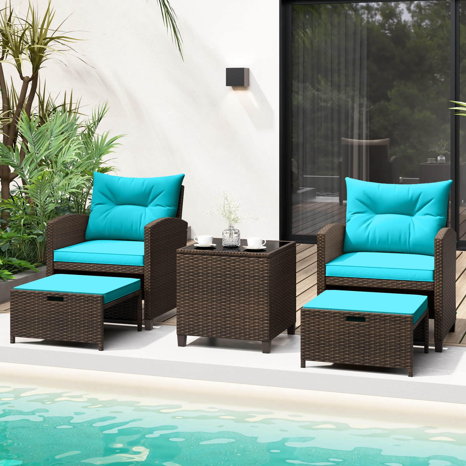 Costway 5 PCS Patio Rattan Furniture with 2 Wicker Ottomans & Tempered Glass Coffee Table Mix Brown + Turquoise