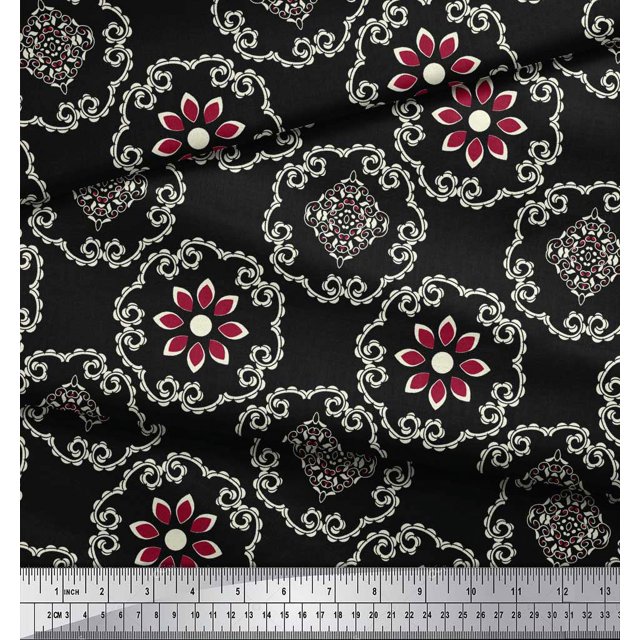 Soimoi polyester Crepe Fabric Damask Ethnic Print Sewing Fabric Yard 52 Inch Wide