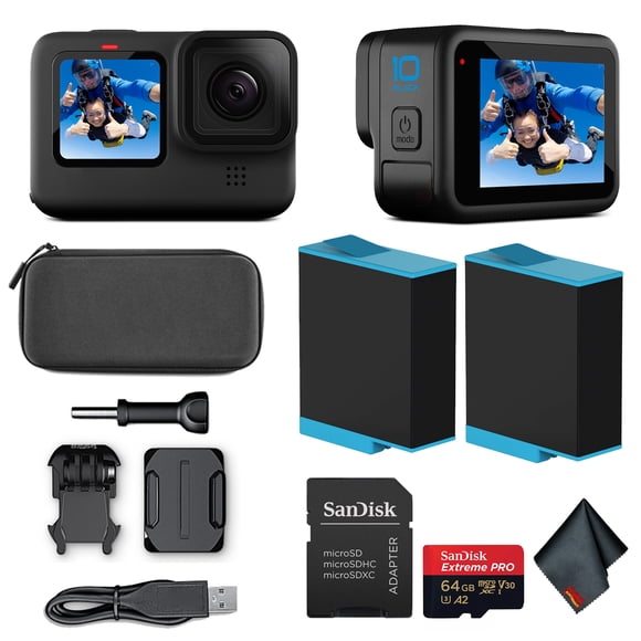GoPro HERO10 (HERO 10) Black- Waterproof Action Camera with Front LCD and Touch Rear Screens, New GP2 Engine, 5K HD Video, 23MP Photos, Live Streaming, + 64GB Extreme Pro Card and Extra Battery
