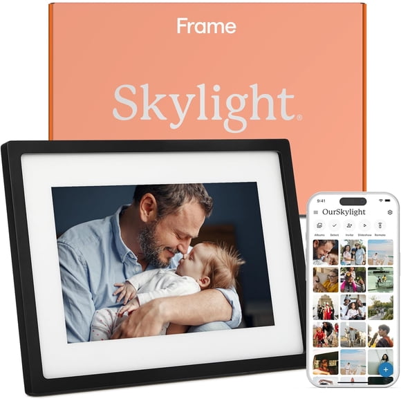 Skylight Cadre – Cadre Photo Numérique Wi‐Fi, Support à la Clientèle, Cadre Photo Numérique à Écran Tactile avec Installation Facile, Cadeaux Photo pour Parents et Grands‐parents, 10 Pouces Noir - Boîte Ouverte