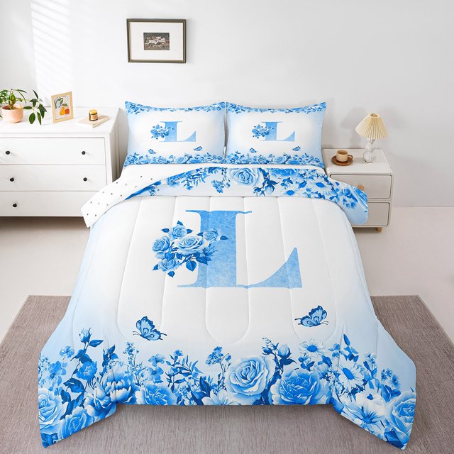 Erosebridal Floral Initial Bedding Twin Comforter Set,Flower Butterfly Down Comforter,Teens Bedroom Decor,Reversible,Lightweight,2-Piece
