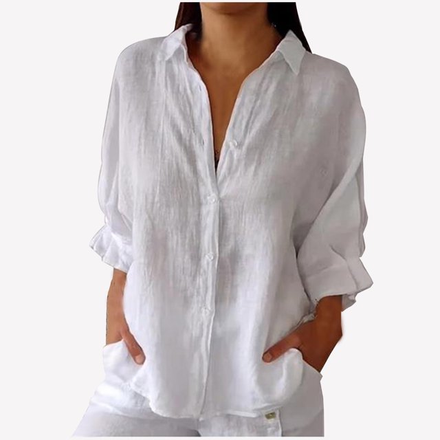 RKSTN Hauts pour Femmes Couleur Unie Coton et Lin Col Rabattu Chemises à Manches Longues Blouses Décontractées Printemps Été Polyvalentes Amples Grande Taille Hauts pour Femmes