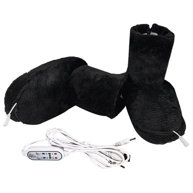 USB Foot Warmer Washable Massage Warm Comfortable Heated Shoes in black, designed for home or office use. Features a soft plush material, three-speed temperature control ranging from 35-60 degrees, and a USB charging interface compatible with power banks, chargers, and computers. Includes a 160cm cable and a remote control for easy operation. Suitable for men and women, with a non-slip design and dimensions of 32x25cm. Ideal for relaxation and warmth during cold weather.