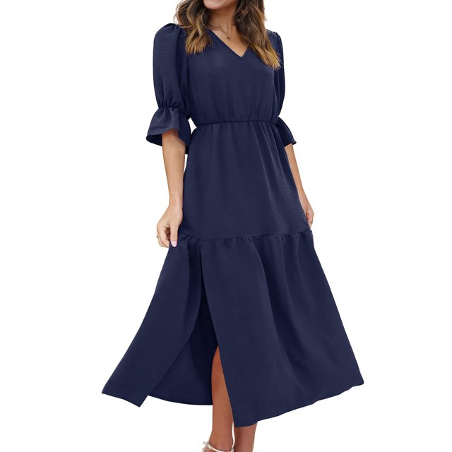 Robe Maxi Grande Taille Mode Femme Manches Mi-Longues Col en V Ample Robe Unie à la Cheville Robe Longue Fendue Robe à Manches Courtes en Liquidation