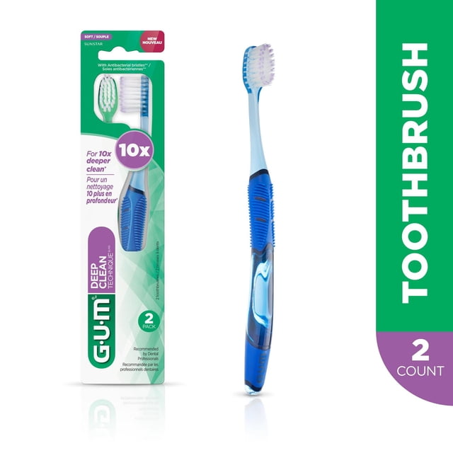GUM® TECHNIQUE® Brosse à Dents Nettoyage en Profondeur, Paquet Double avec Têtes à Poils Souples Compactes et Poignées Bleues Ergonomiques à Quatre Poignées® Conçu pour un Nettoyage en Profondeur sous la Ligne des Gencives et un Élimination Efficace de la plaque, Illustré sur l'Emballage et Individuellement sur un Fond Blanc.