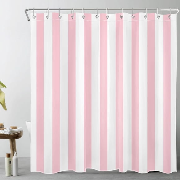 Pink and White Striped Fabric Shower Curtain for Bathroom with 12 Hooks, Vertical Stripe Geometric Shower Curtains for Bathroom, Modern Farmhouse Chic Style Bathroom Shower Curtains, 72x72 Inch