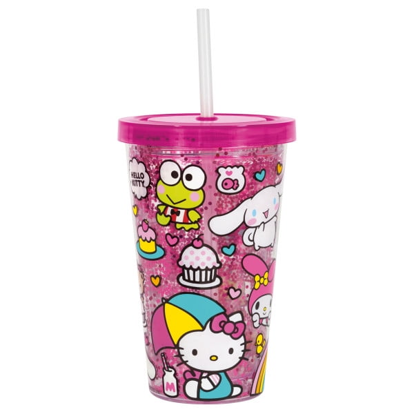 Hello Kitty 16oz double wall plastic tumbler with straw featuring Hello Kitty and Friends characters including Hello Kitty with umbrella, Keroppi, and Cinnamoroll, filled with gold confetti between double walls, with pink lid and clear straw, suitable for beverage storage and themed parties.