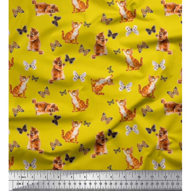 Soimoi Yellow Georgette Viscose Fabric Insect & Cat Animal Decor Fabric Printed BTY 42 Inch Wide