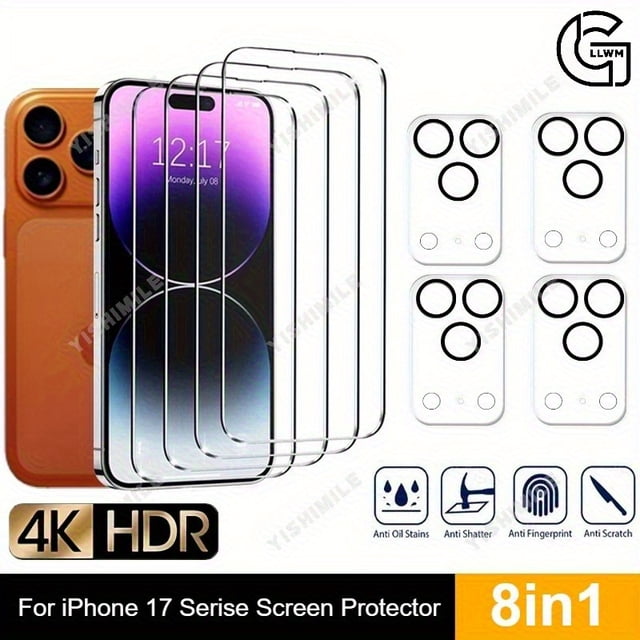 CUITING Set of 4 HD Tempered Glass Screen Protectors And 4 Camera Lens Protectors Compatible with for iphone 16 17 Pro Max 16 Plus And 16E 17 Air. Ideal for Mobile Phones Featuring