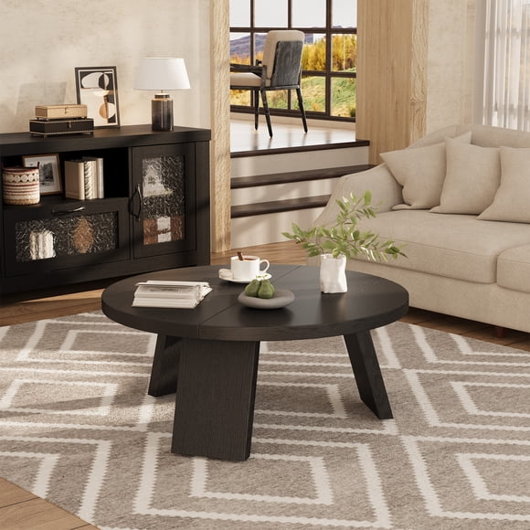 Modern Farmhouse Round Coffee Table – 33.5'' Wooden Center Table with Sturdy Inclined Legs – Easy Assembly – Ideal for Living Room, Bedroom, Accent Use – Black Embossed Finish