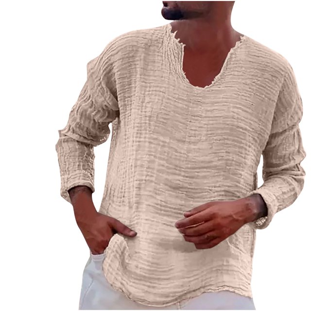 Yuyuzo Long Sleeve Shirts for Men Spring Fall Loose Casual V Neck Lightweight Solid Color Tee Tops