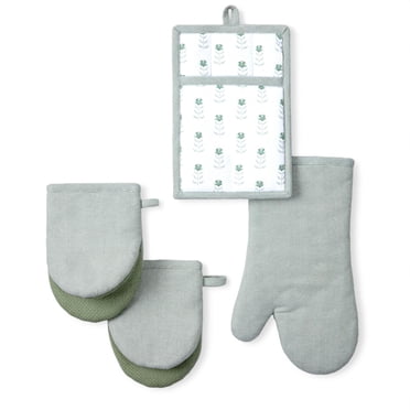 Ensemble de 4 gants de cuisine, maniques et mini-gants Beautiful Home de Drew Barrymore, vert sauge