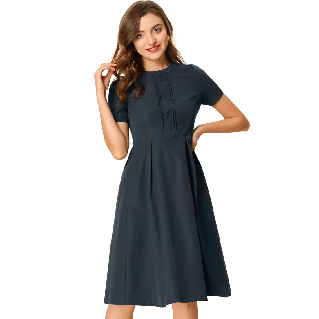 INSPIRE CHIC Robe Vintage Plissée à Manches Courtes à Col Rond pour Femme Bleu Marine TG