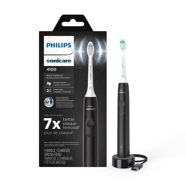 Philips Sonicare 4100 Power Toothbrush in black with slim ergonomic handle and white brush head, shown with USB charging base and packaging highlighting pressure sensor, two intensity settings, and up to 7x better plaque removal than manual brushing for effective oral care.