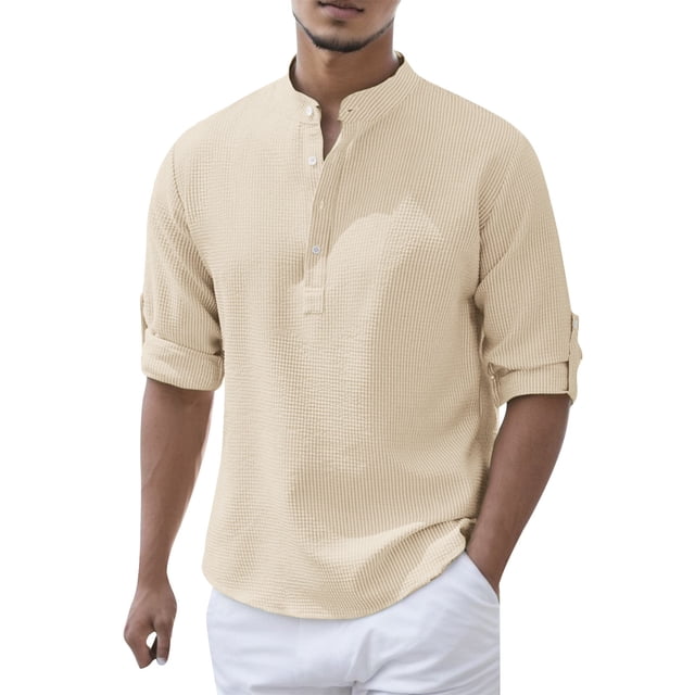PMUYBHF T-Shirts Graphiques pour Hommes Mode Décontractée Printemps et Automne Couleur Unie Col à Boutons Manches Longues
