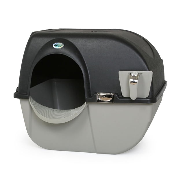 Omega Paw Elite Roll n' Clean Self Cleaning Litter Box Large with a grey base and black hood featuring chrome locking clips and a thumb clip on the pull-out waste tray, using a patented sifting grate to separate waste from clean litter, designed to reduce tracking and simplify cat litter pan maintenance.
