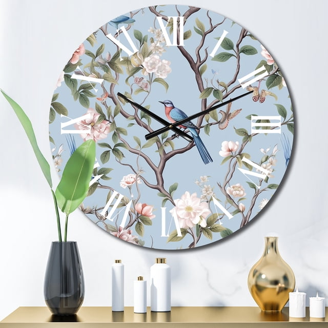 Designart "Chinoiserie Featuring Birds and Peonies XIII" Floral Oversized Wall Clock