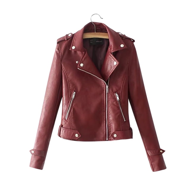 WEIYLL Womens Fleece Jackets Solid Color Lapel Zipper Long Sleeve Leather Wine Cold Weather Tops Size L