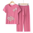 thumbnail image 2 of Mikilon Ensemble Élégant pour Femmes 2 Pcs Coton Lin Costume Deux Pièces Manches Courtes Col Rond Haut Imprimé Pantalon Ensemble Rose 2TG, 2 of 3