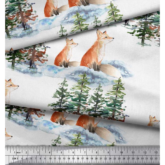 Soimoi White Rayon Fabric Fox & Pine Tree Decor Fabric Printed Yard 56 Inch Wide