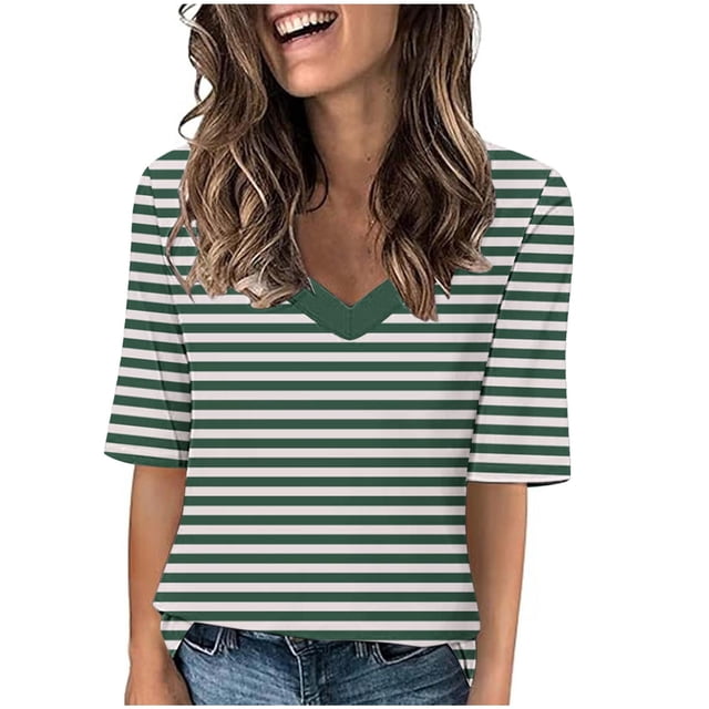 Penkiiy T-Shirts à Manches Courtes à Blocs de Couleur Rayés pour Femmes, Col Rond, Décontractés, Amples, Chandails à Enfiler, Hauts d'Été, Tee-Shirt, m Vert