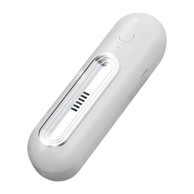 EGNMCR Mini USB Fridge Deodorizer Rechargeable Refrigerator Odor Eliminators Portable Ozone Generator in a sleek silver design. This compact device, measuring 5.7 x 1.69 x 1.69 inches, features a plastic body with a built-in rechargeable 1200mAh battery. It offers two modes for odor elimination and is suitable for use in fridges, cars, closets, and shoe cabinets. The device is shown with a visible vent and power button, highlighting its portable and multipurpose functionality.
