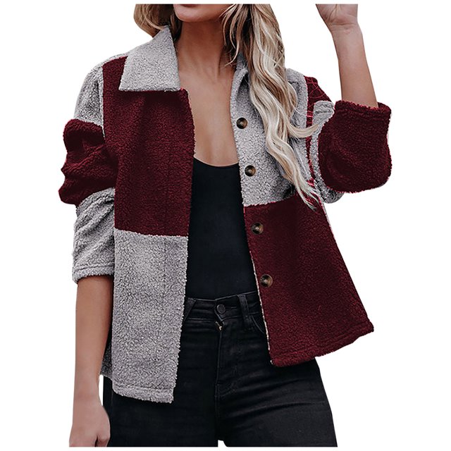 IROINID Veste Courte en Shearling pour Femmes Col Rabattu Contraste Couleur Manches Longues Manteau Décontracté Chaud Veste d'Hiver à Boutons Patchwork, Gris