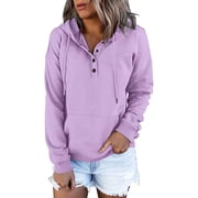Womens 2023 Hooded Snap Button Collar Drawstring Hoodies Pullover Sweatshirts Fall Long Sleeve Tops Shirts with Pocket Plus Size Oversized Sweatshirts For Women Halloween