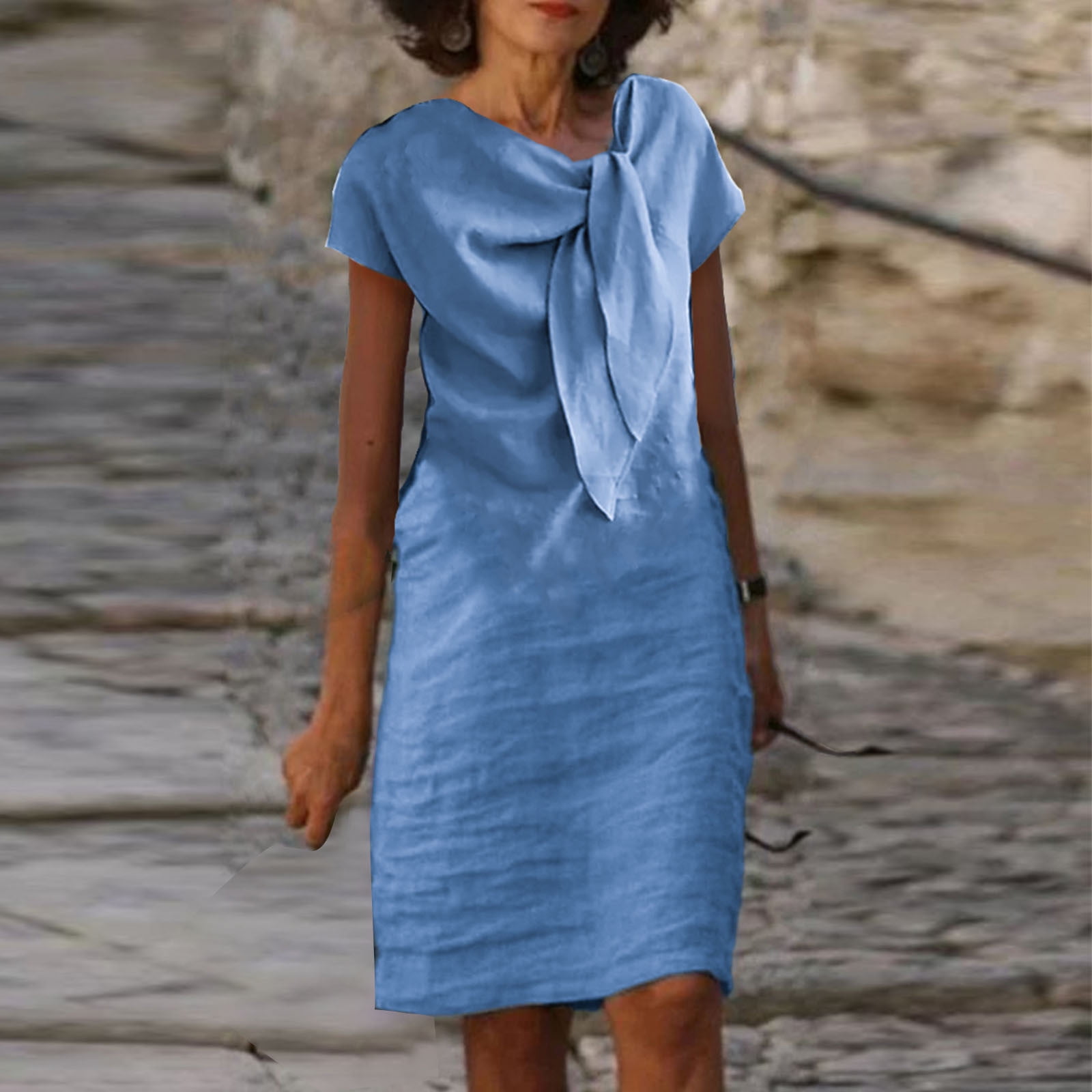 Robe d'Été pour Femmes 2024 Mode Grande Taille Nouvelle Allure Élégante Col Rond à Nouer Manches Courtes Couleur Unie Coton Coton Lin Robe Rabais de 50 % Liquidation!