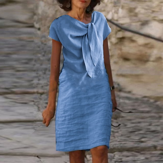 Jusqu'à 65 % de Rabais! Robes d'Été Mode pour Femmes 2024 Grande Taille Nouvelle Allure Élégante Col Rond à Nouer Manches Courtes Couleur Unie Coton Coton Lin Robe