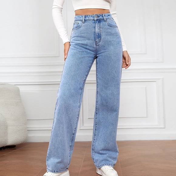 EQWLJWE Summer Saving!Women Wide Leg Jean Pants,Women's Wide Leg Jeans High Waisted Stretchy Straight Leg Denim Pants Trousers with Pockets,Pull On Jeans for Women Baggy Denim Trouser Pants
