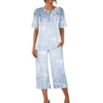 thumbnail image 4 of PEZHADA Ensembles 2 Pcs pour Femmes Ensembles Assortis de Détente Deux Pièces Pantalons en Lin Col Ras du Cou Manches Courtes Hauts Vêtements de Détente Pyjamas Vêtements Tendance Ensemble de Vacances d'Été Bleu Pâle, 4 of 6
