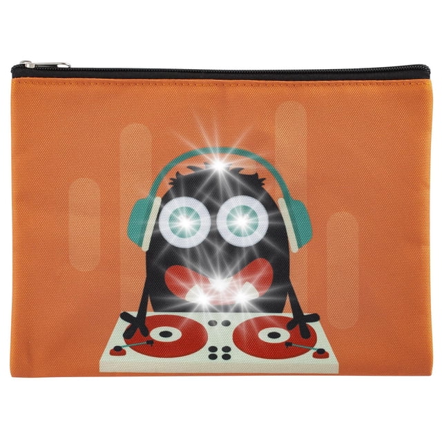 Merangue Light Up Monster DJ Pencil Pouch, Orange, 2 Pack with a front-facing orange pouch featuring a black monster DJ graphic wearing teal headphones and operating red turntables, with light-up eyes, mouth, and head, suitable for organizing school supplies and stationery.