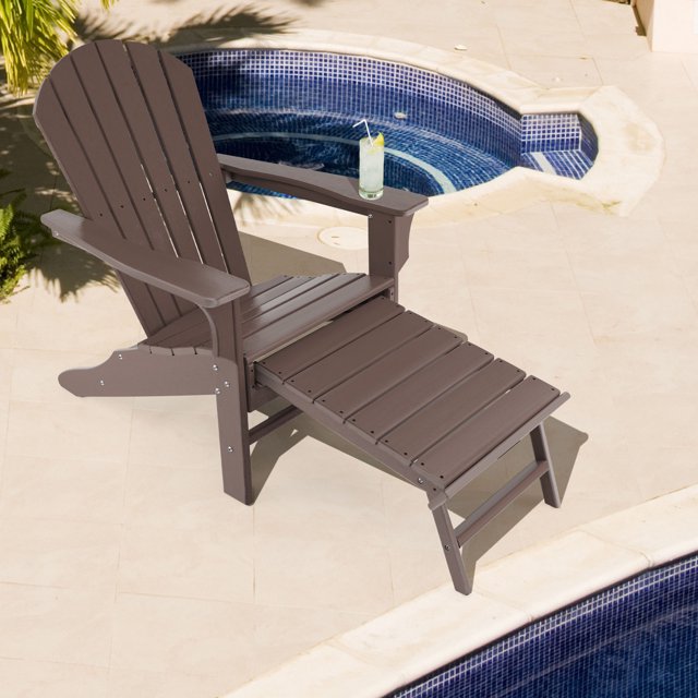 Gymax Chaise Adirondack de Patio en HDPE Chaise Longue d'Extérieur avec Ottoman Rétractable Café