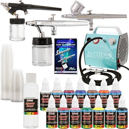 Master Airbrush Professional Airbrush Kit with Compressor, Air Hose and 12 Color US Art Supply Airbrush Paint Set with Cleaner & Paint Reducer