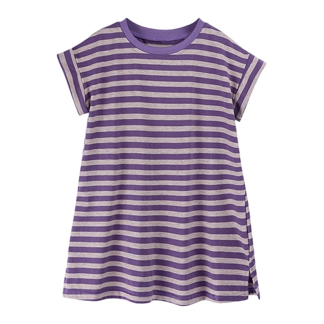 RXIRUCGD 2025 Vêtements d'Été pour Enfants Robe d'Été Décontractée Mignonne à Rayures Col Rond Manches Courtes pour Fille de 12 Mois à 12 Ans