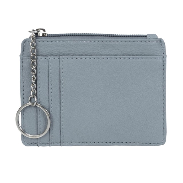 Logan Ladies Key Chain Card Wallet & Coin Case Assortment in blue featuring six card slots, two slip pockets, and a zippered coin compartment. Slim and compact with a silver key ring attached by a chain on the left side, ideal for organizing cards, coins, and keys.