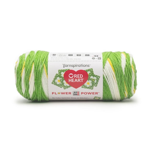 Red Heart® All In One Flower Power™ #4 Worsted (Medium) Acrylic Yarn skein with green, white, and yellow engineered stripes for seamless floral crochet motifs, 8.8oz/250g and 417 yards, featuring the Red Heart logo and Flower Power label, suitable for durable and versatile crafting projects.