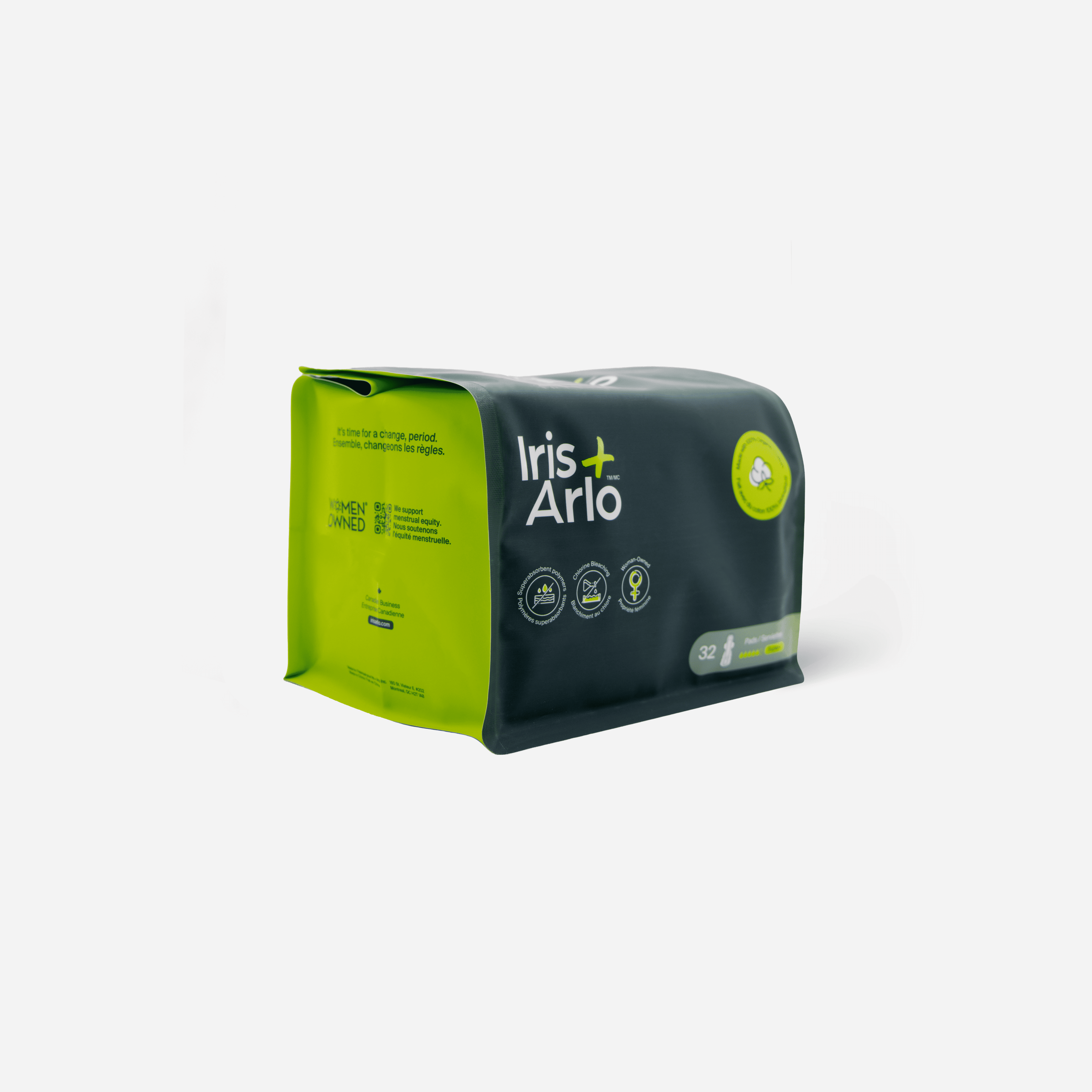 Iris + Arlo Serviettes Hygiéniques Biologiques 100 % Coton / Sac Super Plus Refermable (32 Unités), Serviettes Hygiéniques pour Femmes + Toutes les Menstruatrices avec Ailes