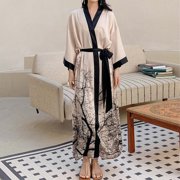 Satin Floral Kimono Robe For Women Cool Sensation 3/4 Sleeve Long Casual Home Wear Bathrobe Sleepwear Ladies Dressing Gown Robe Lightweight Womens Robes Robe Women Soft Womens Robes Short Womens Long