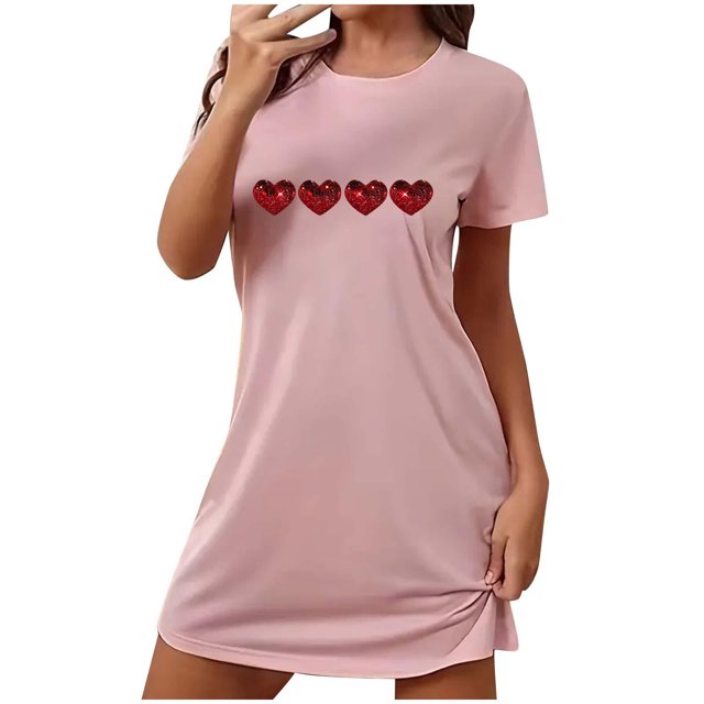 Jupe de Pyjama pour Mariée Nuisette pour Femme à Manches Courtes Vêtement de Nuit Confortable Chemises de Nuit Imprimées Col Ras du Cou T-Shirt de Nuit Robe de Sommeil Douce Coupe Ample Robe de Pyjama TG