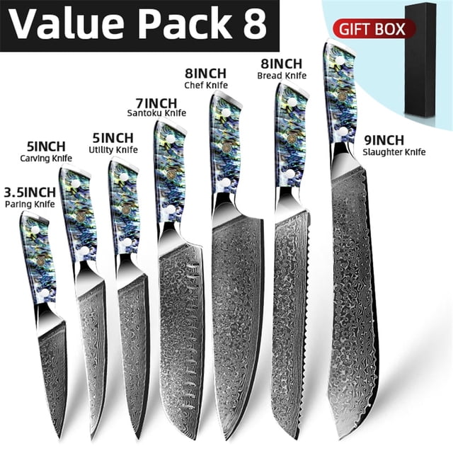 Kitchen Knife Set VG10 Damascus Steel Japanese Chef Knives Santoku Knife 67 Layers Carving Paring Utility Fruit Vegetable Slicing Knives Abalone Shell Full Tang Handle