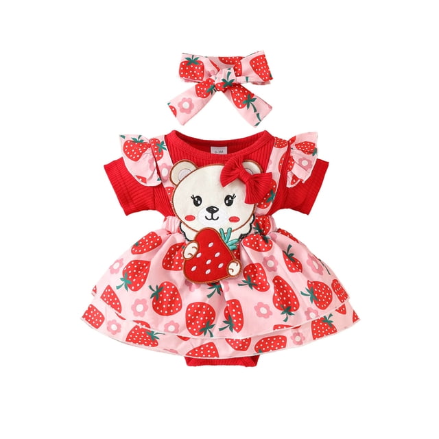 GPOECD Girls Short Sleeve Ribbed Cartoon Strawberry Romper Bodysuits Dress Headbands Set Short Sleeve Rompers for Children Red-m,12-18 Months