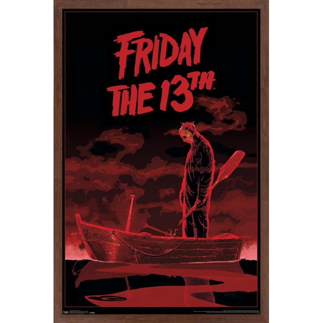 Vendredi 13 - Affiche Murale de Bateau, 22,375 Pouces x 34 Pouces Représentant une Figurine Masquée Debout dans une Barque en Bois Tenant une Pagaie sur un Fond Rouge et Noir avec le Titre en Lettres Rouges Audacieuses, art Mural Idéal pour la Déco de la Maison Ou la Décoration de Fête.
