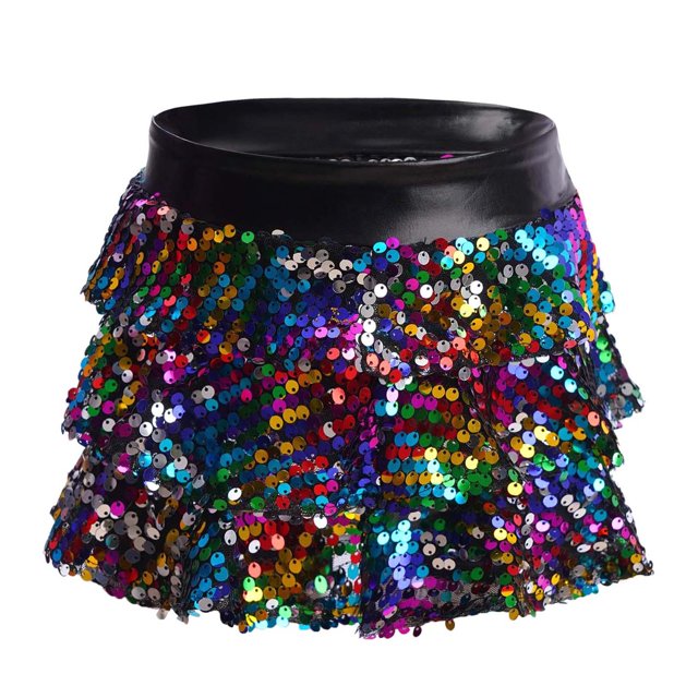 XUNZOO Girls Sequins Ruffle Layers Culottes Kids Shiny Hip Hop Samba Skirt with Shorts Latin Mini Colorful 4