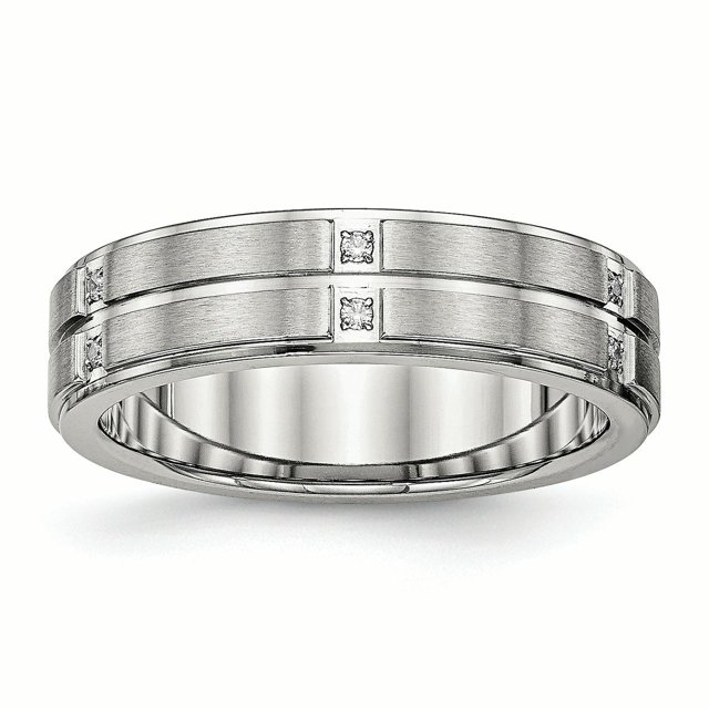 Stainless Steel Brushed and Polished Grooved/Ridged Edge CZ Ring 10.5 Size