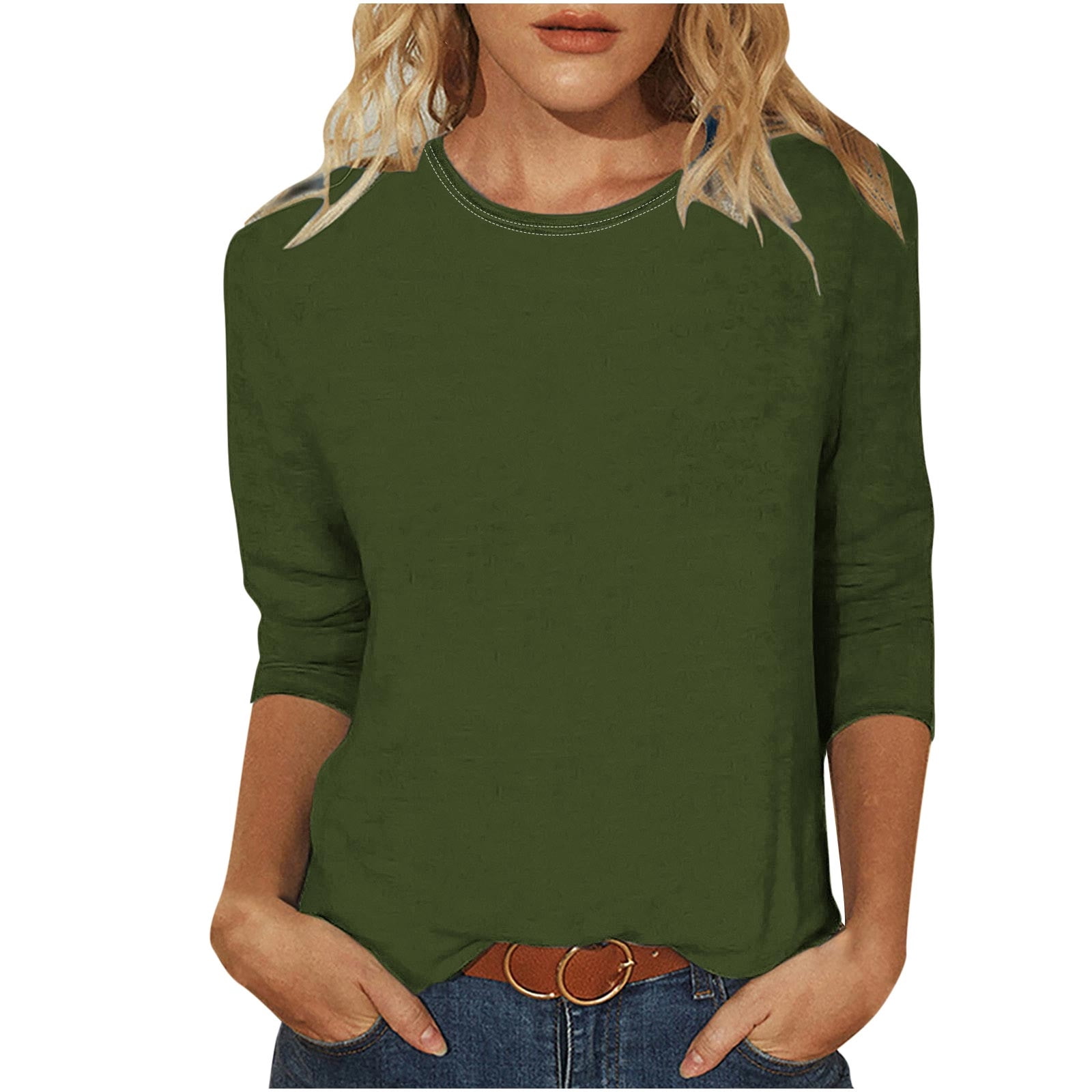Timegard Womens Summer Tops Crewneck 3/4 Sleeve Solid Color Comfy Basic Tee Shirts Casual Loose Tops