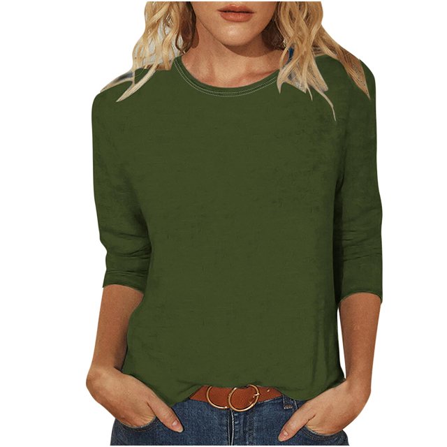 Timegard Womens Summer Tops Crewneck 3/4 Sleeve Solid Color Comfy Basic Tee Shirts Casual Loose Tops